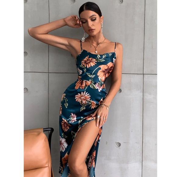 Floral Print Cowl Neckline Cami Satin Midi Dress in Dark Teal Leg Slit - Picture 6 of 8